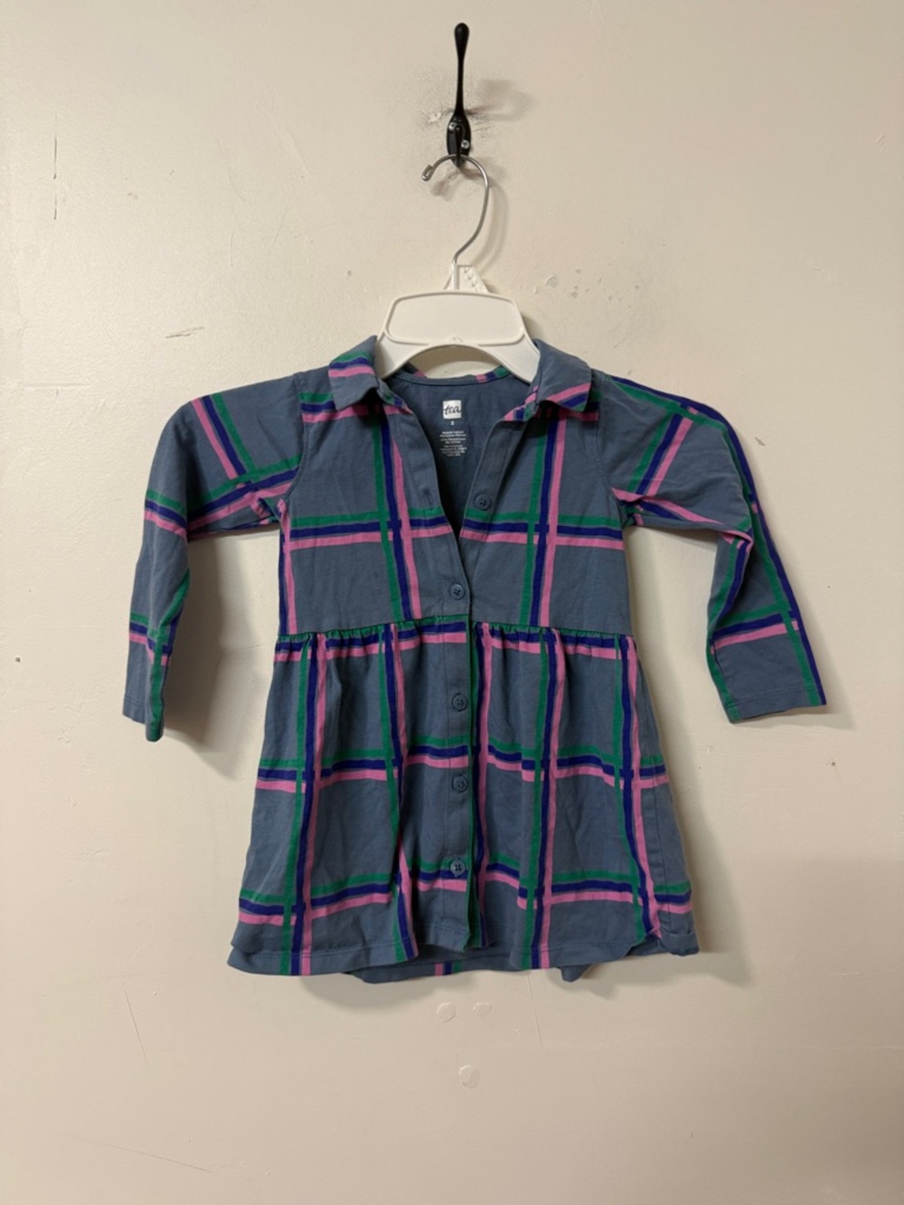 Tea Collection Blue Plaid Shirt Dress with Pink and Green Stripes